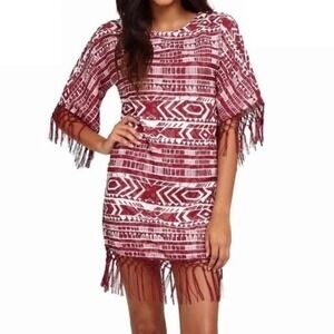 Sam Edelman Boho Fringe Dress Tribal Aztec Print Shift Festival Size L